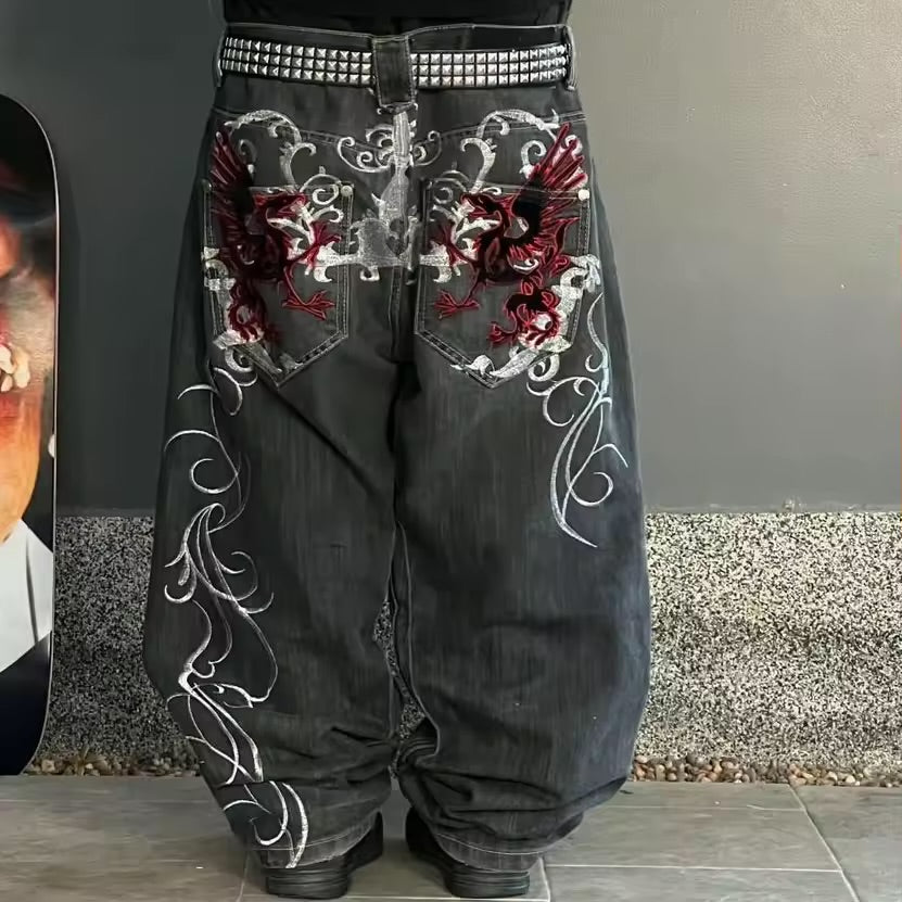 Jean Baggy Y2K Dragon Brodé – Streetwear Édition GothiquE
