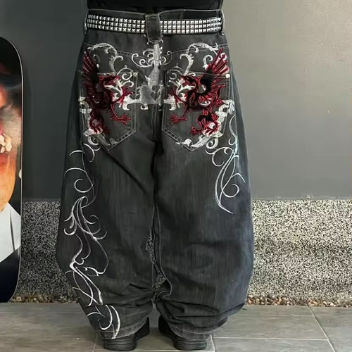 Jean Baggy Y2K Dragon Brodé – Streetwear Édition GothiquE