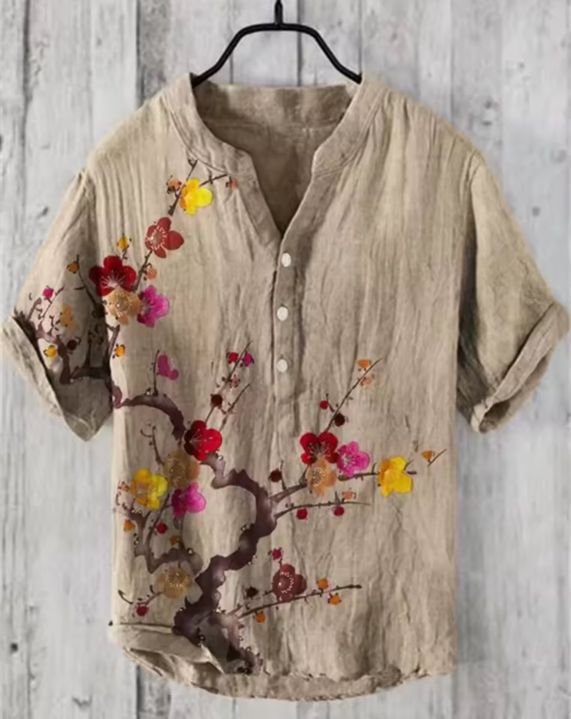 Offre spéciale Henry chemise 2025 été hommes décontracté à manches courtes T-shirt imprimé floral haut lin mélange tissu confortable taille XS-6XL