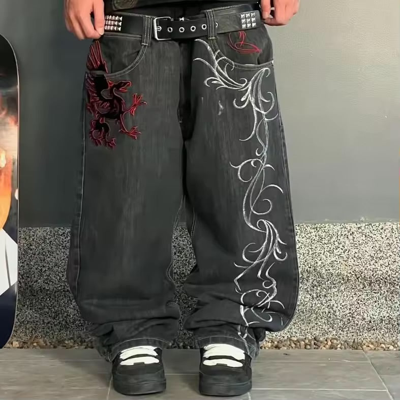 Jean Baggy Y2K Dragon Brodé – Streetwear Édition GothiquE