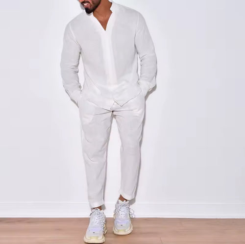 Ensemble chemise respirante à manches longues pour hommes, 100% coton, couleur unie, pantalon décontracté, ensemble deux pièces pour un Style stationnaire, nouvelle collection