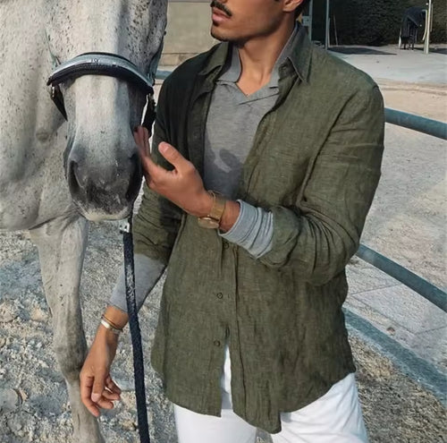 Chemise décontractée en coton et lin pour hommes, chemisier à manches longues, haut respirant à boutons.