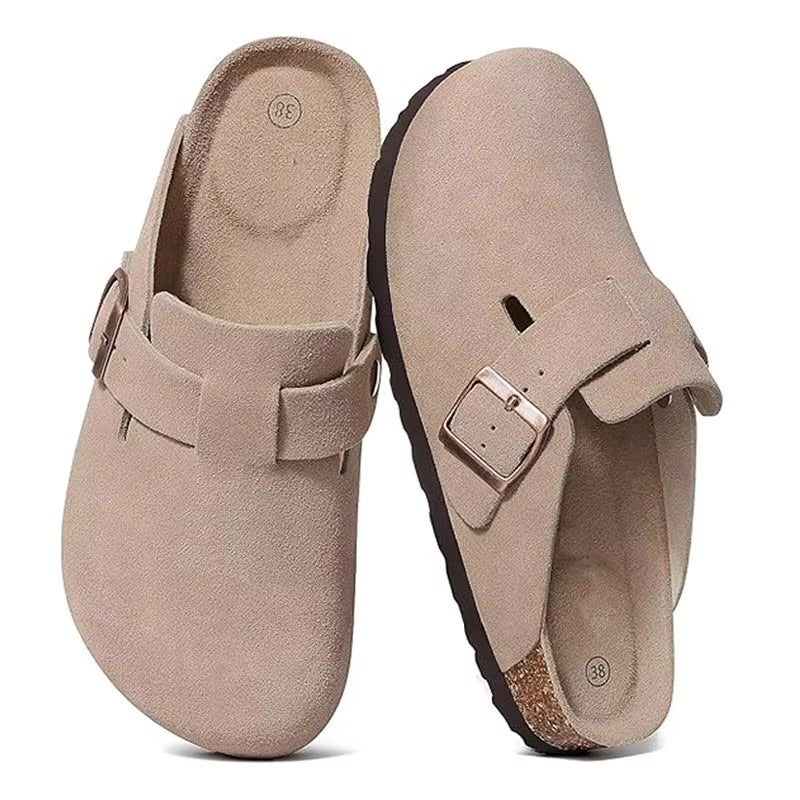 Crestar-Pantoufles sabots en daim classiques pour hommes et femmes, mules à la mode, repose-pieds en liège, chaussures de pomme de terre en cuir avec support d'arc, toboggan de plage